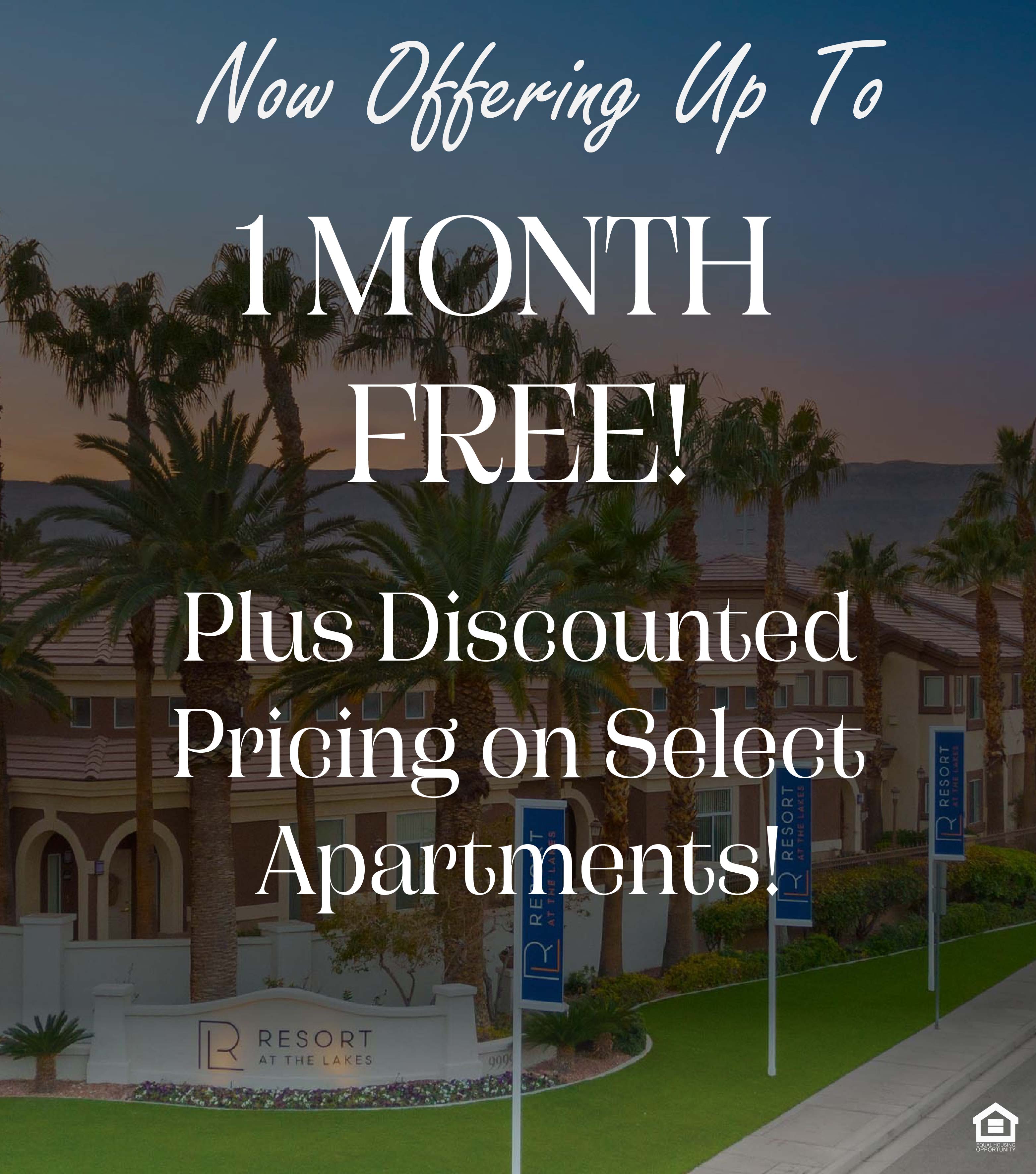 A view of community sign at dusk. The text on the image says, "Now offering up to 1 month free! Plus discounted pricing on select apartments!"