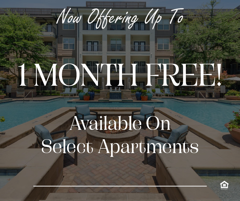 A serene outdoor area featuring a swimming pool surrounded by modern apartment buildings. The text on the image says, "Now offering up to 1 month free! Available on select apartments."