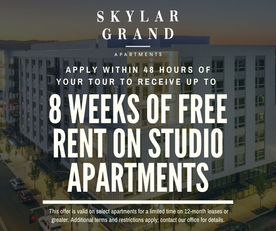 Skylar Grand Apartments. Apply within 48 hours of your tour to receive up to 8 WEEKS OF FREE RENT ON STUDIO APARTMENTS. this offer is valid on select apartments for a limited time on 12-month leases or greater. Additional terms and restrictions apply; contact our office for details.