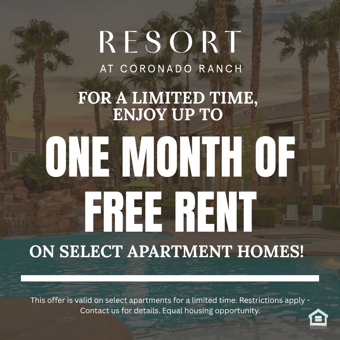 Marketing promotional graphic background is the pool of the community text reads for a limited time, enjoy up to one month of free rent on select apartment homes This offer is valid on select apartments for a limited time Restrictions apply Contact us for details Equal housing opportunity