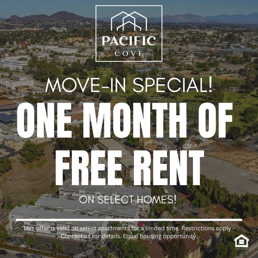 Aerial view of a suburban area featuring a mix of residential buildings commercial properties and green spaces The landscape includes winding roads parking lots and patches of open land with mountains visible in the background under a clear blue sky text reads move in special one month of free rent on select homes This offer is valid on select apartments for a limited time Restrictions apply Contact us for details Equal housing opportunity