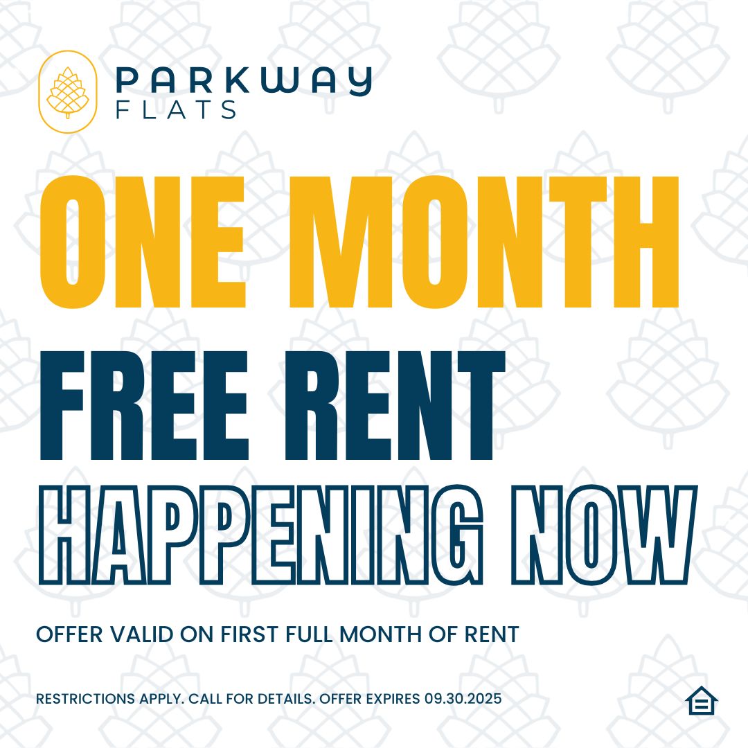 graphic design image with overlay that reads: one month free happening now offer valid on first full month of rent. Restrictions apply. Call for details. Offer expires 09.30.2025
