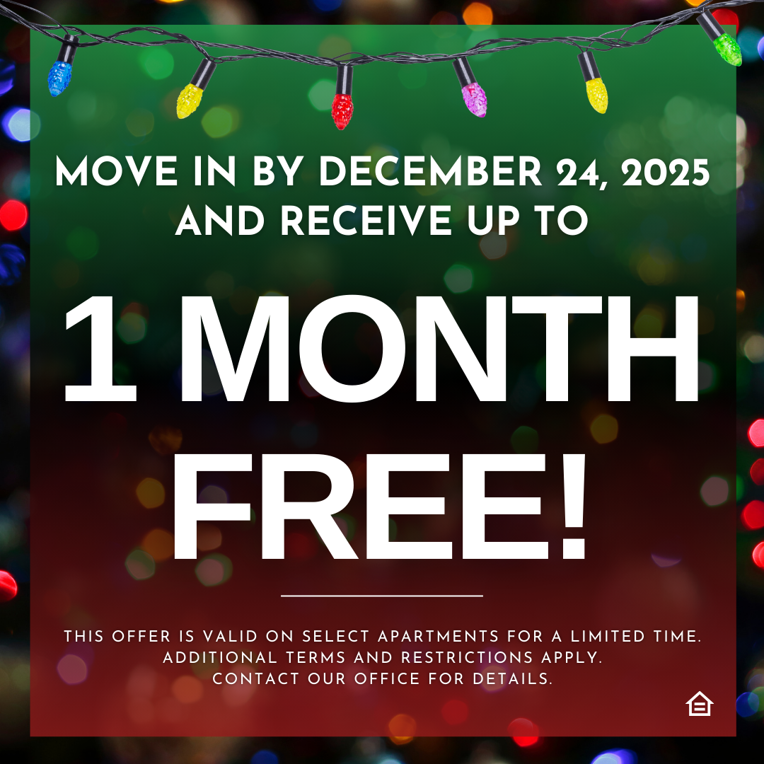 Holiday-themed promotional graphic with colorful string lights across the top and a blurred red and green background. Large text announces: “Move in by December 24, 2025 and receive up to 1 month free!” Smaller text below states that the offer is valid on select apartments for a limited time, with additional terms and restrictions, and to contact the office for details. An equal housing logo appears in the bottom right corner.