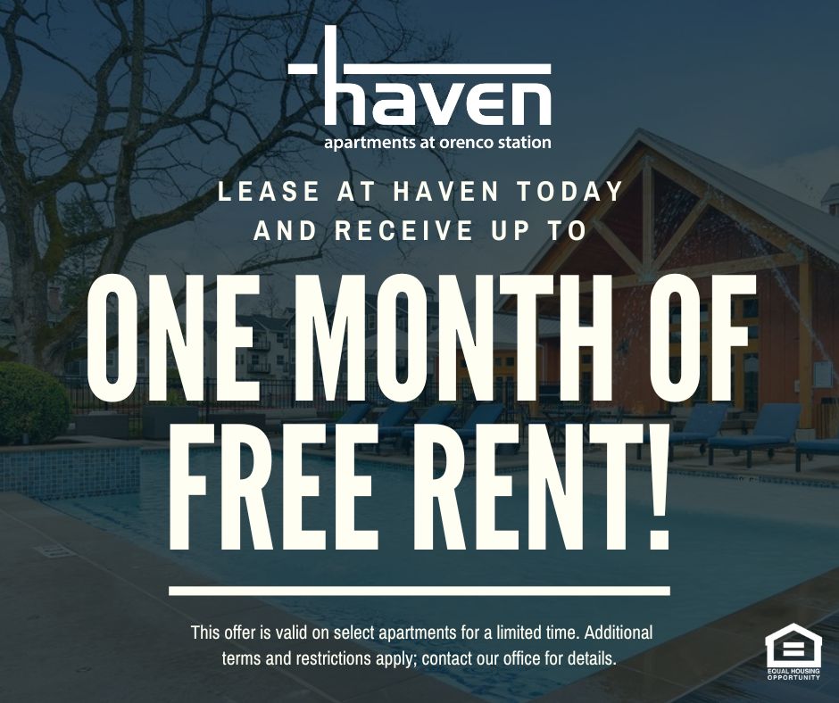 Haven Apartments at Orenco Station. Lease at Haven today and receive up to ONE MONTH OF FREE RENT!  This offer is valid on select apartments for a limited time. Additional terms and restrictions apply; contact our office for details. Equal Housing Opportunity.