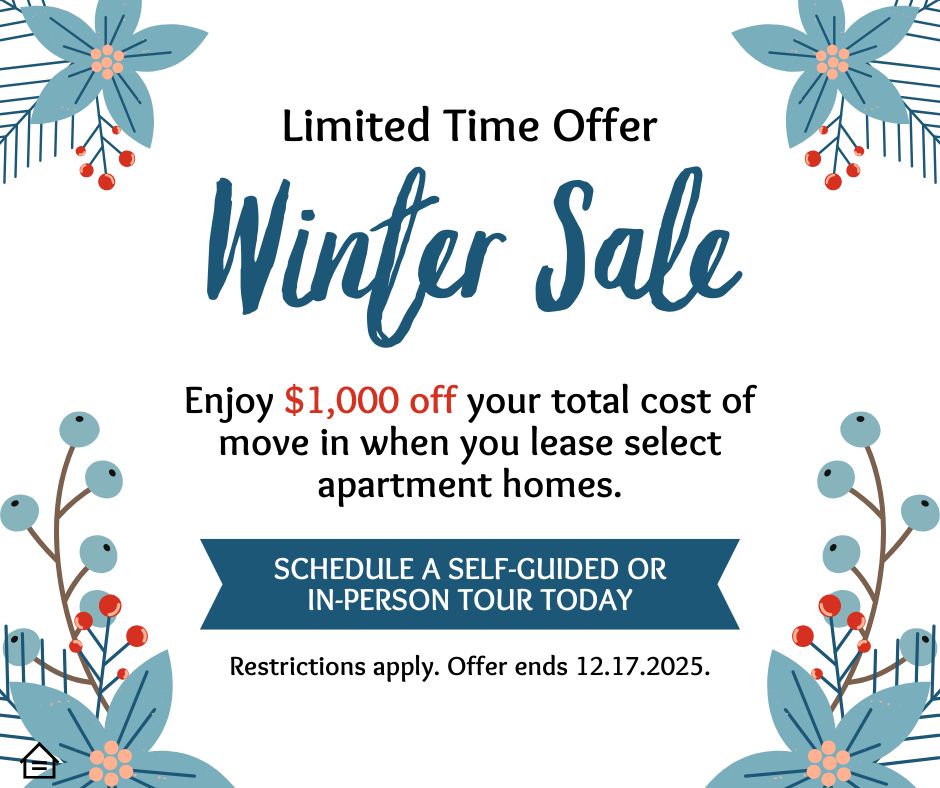 White winter themed promotional graphic decorated with blue leaves and red berries. Large text reads Winter Sale with Limited Time Offer above it. Below, smaller text says Enjoy 1,000 dollars off your total cost of move in when you lease select apartment homes. A blue banner invites viewers to schedule a self guided or in person tour today. Small print notes restrictions apply and offer ends December 17, 2025. An Equal Housing Opportunity icon appears in the lower left corner.