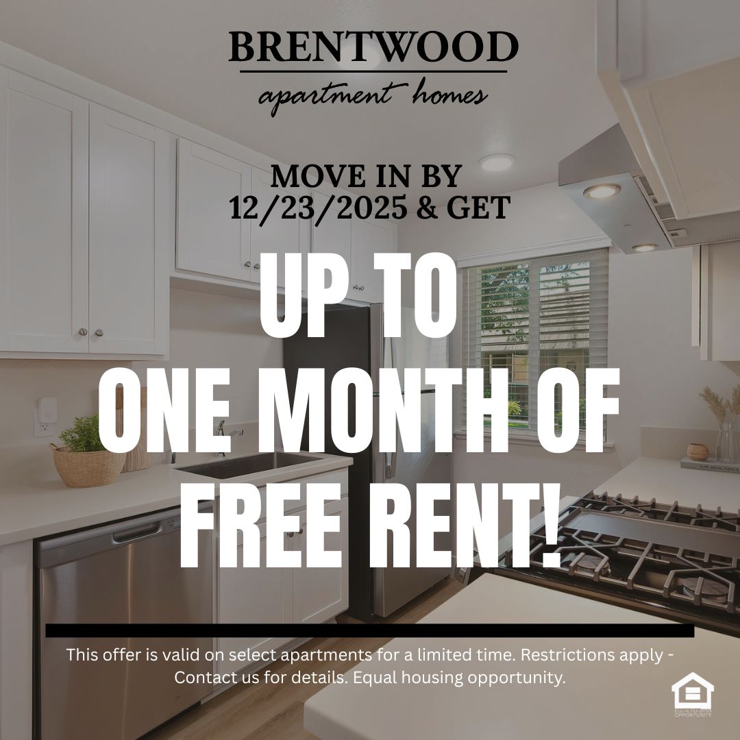 Modern kitchen featuring white cabinetry a stainless steel refrigerator a sink and a stove with a hood The countertop is light colored and there's a window allowing natural light and a view of greenery outside Soft lighting illuminates the space creating a clean and inviting atmosphere text reads move in by 12/23/2025 and get up to one month free rent  This offer is valid on select apartments for a limited time Restrictions apply  Contact us for details Equal housing opportunity.