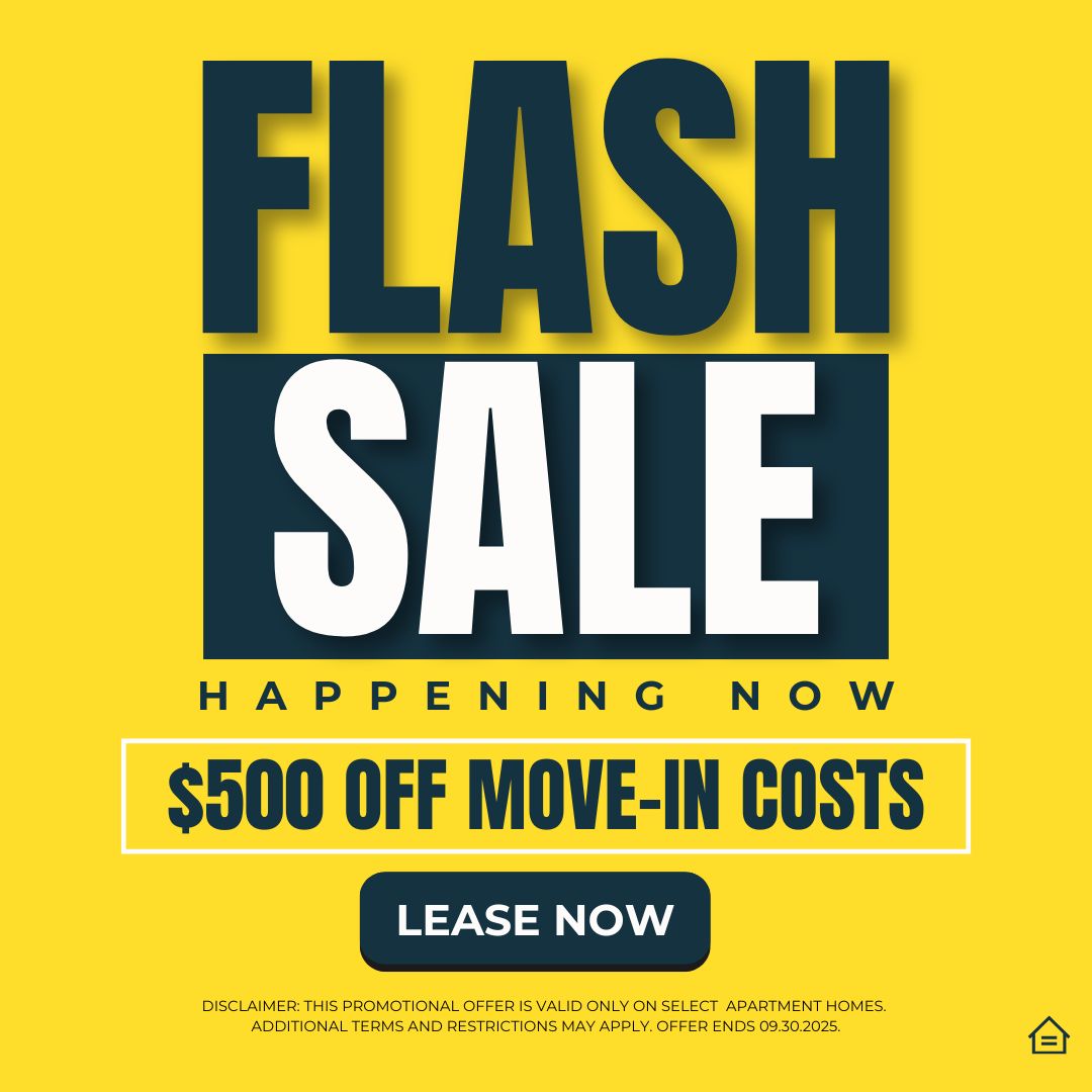 graphic designed image the states: Flash Sale Happening Now $500 OFF Move-In Costs Lease Now featureing a yellow background with blue and white text