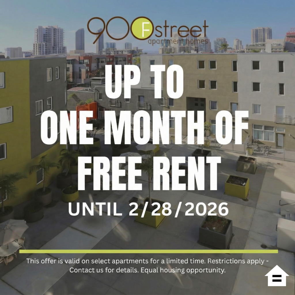 A modern urban courtyard lined with potted plants and outdoor seating text reads up to one month of free rent until 2/28/2026 This offer is valid on select apartments for a limited time Restrictions apply Contact us for details Equal housing opportunity