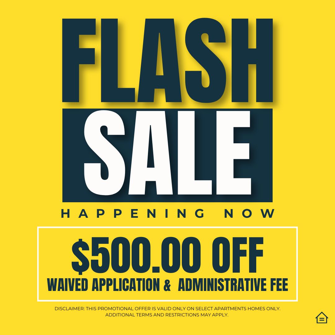 Graphic design pop-up image that reads: Flash Sale happening now $500 off waived application and administrative fees.