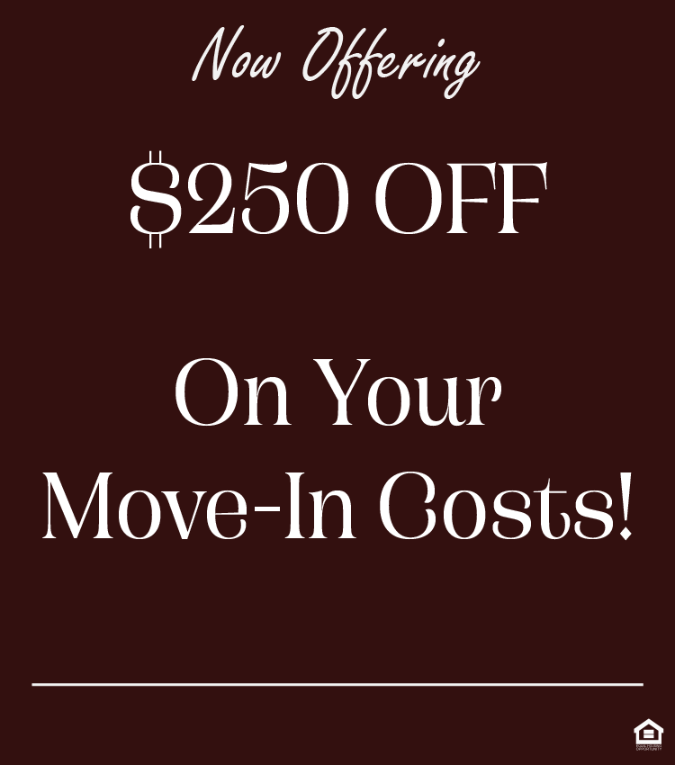 A promotional popup that says "Now offering $250 off on your move-in costs!"