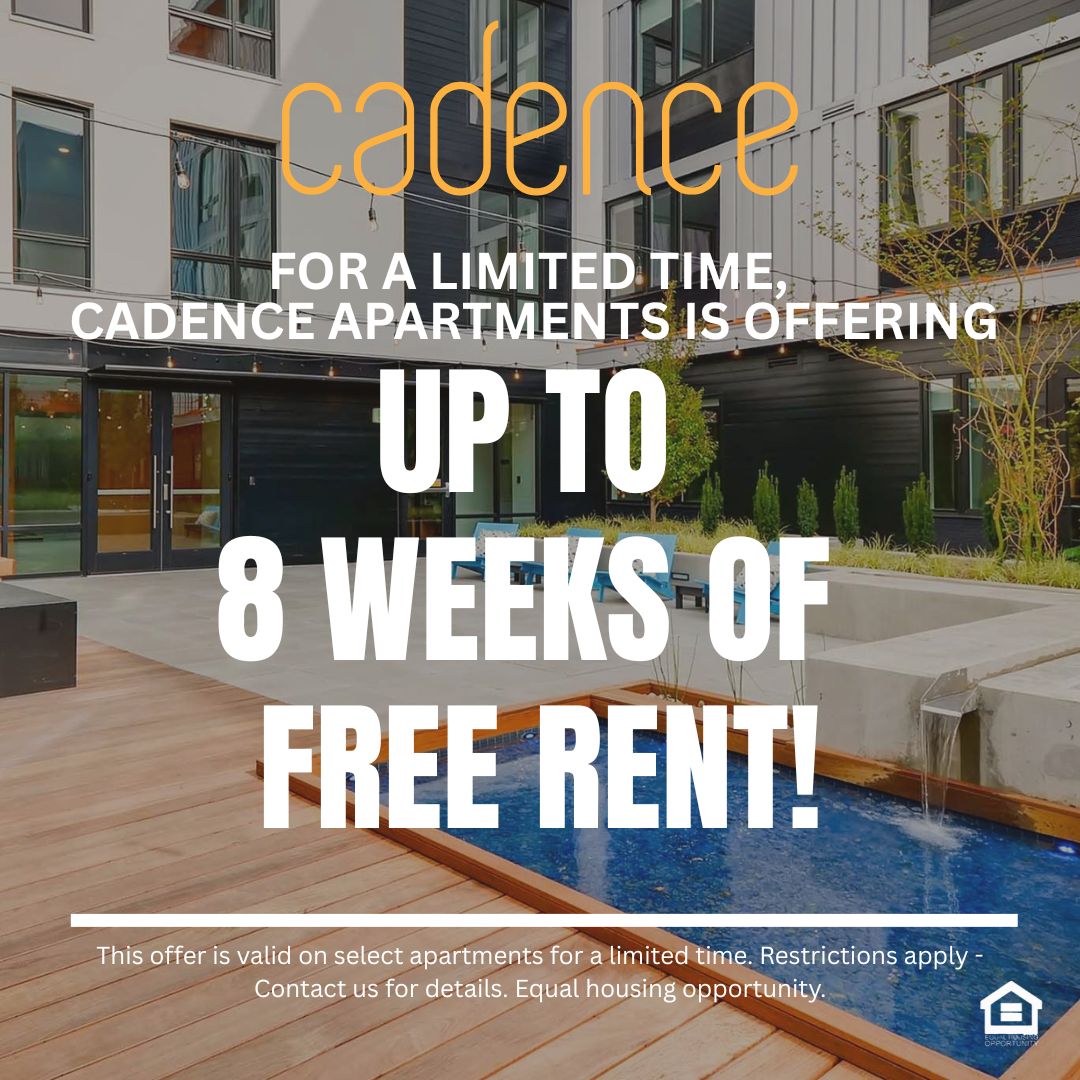 *A modern outdoor courtyard featuring a wooden deck, a small blue pool, and a fire pit. Surrounding the area are potted plants and lounge chairs. The building has large windows, with a sleek contemporary design, and string lights overhead create a cozy atmosphere Text reads for a limited time cadence apartments is offering up to 8 weeks of free rentThis offer is valid on select apartments for a limited time. Restrictions apply - Contact us for details. Equal housing opportunity
