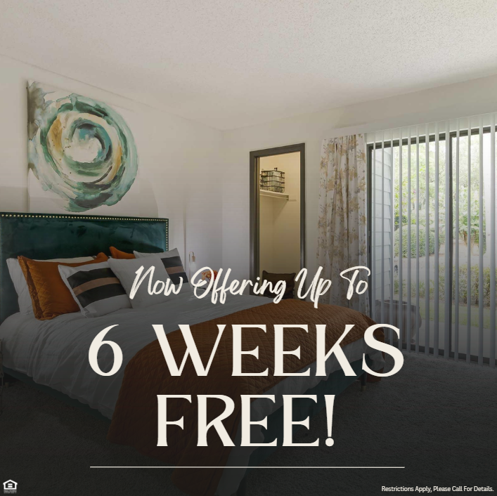 A picture of a bedroom with a bed, carpet flooring, and a window with open blinds. Now offering up to 6 weeks free! Restrictions apply, please call for details.