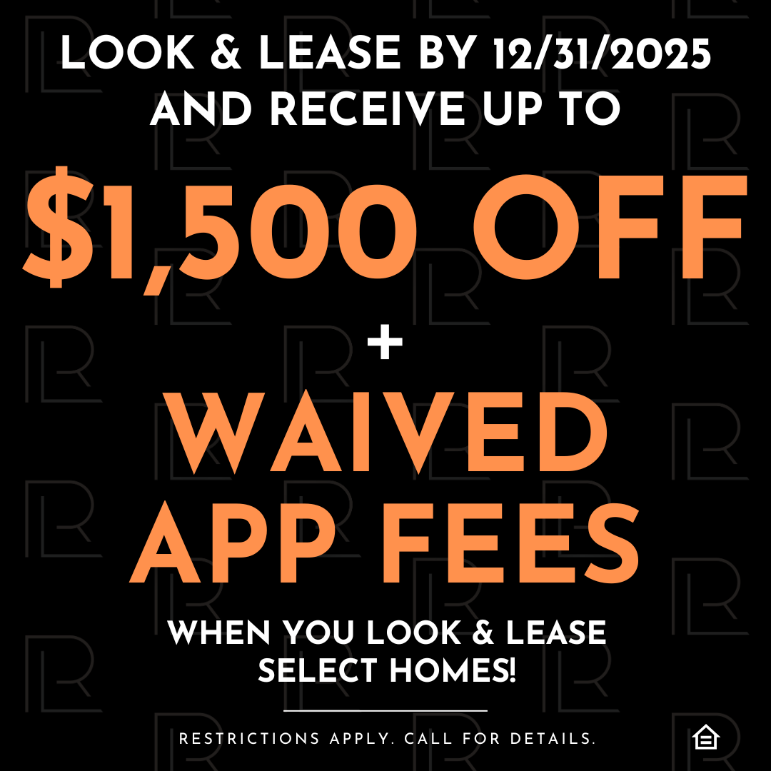 Promotional graphic on a black background showing an offer for apartment leasing. Large orange text reads “$1,500 OFF + Waived App Fees.” Above it, white text says “Look & Lease by 12/31/2025 and receive up to.” Below, smaller white text notes the offer applies when you look and lease select homes. A small fair-housing icon appears in the bottom right corner, and faint “R” logos create a subtle patterned backdrop.