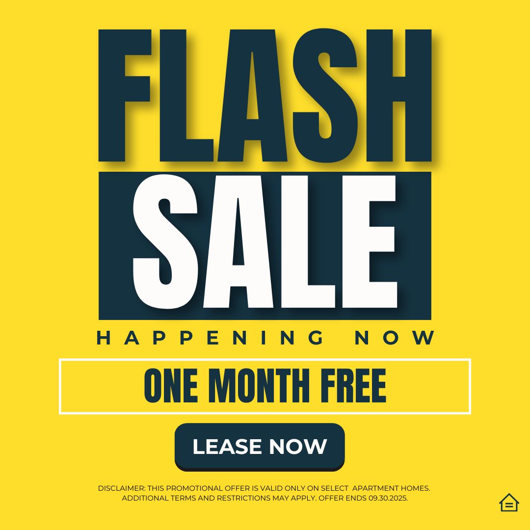 graphic design image with overlay that reads: flash sale happening now one month free lease now. disclaimer text: this promotional offer is valid on select apartment. offer expires 09.30.2025.