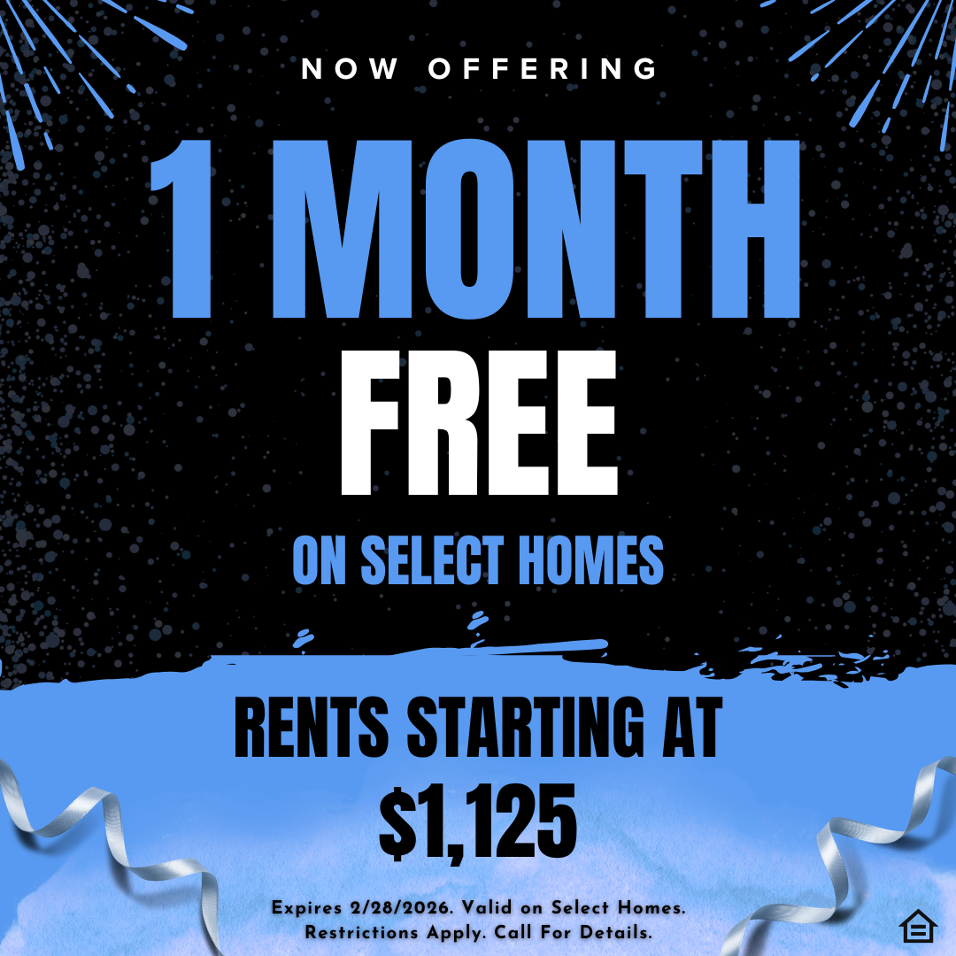 A promotional graphic against a dark, speckled sky with blue firework bursts. Large blue text reads "1 MONTH FREE" in the center. Above it, smaller white text says "NOW OFFERING". Below it, "ON SELECT HOMES". A blue watercolor brushstroke across the bottom contains the text "RENTS STARTING AT $1,125" in white and black, followed by smaller disclaimer text: "Expires 2/28/2026. Valid on Select Homes. Restrictions Apply. Call For Details." Silver ribbons curl at the bottom left and right. An equal housing oppo