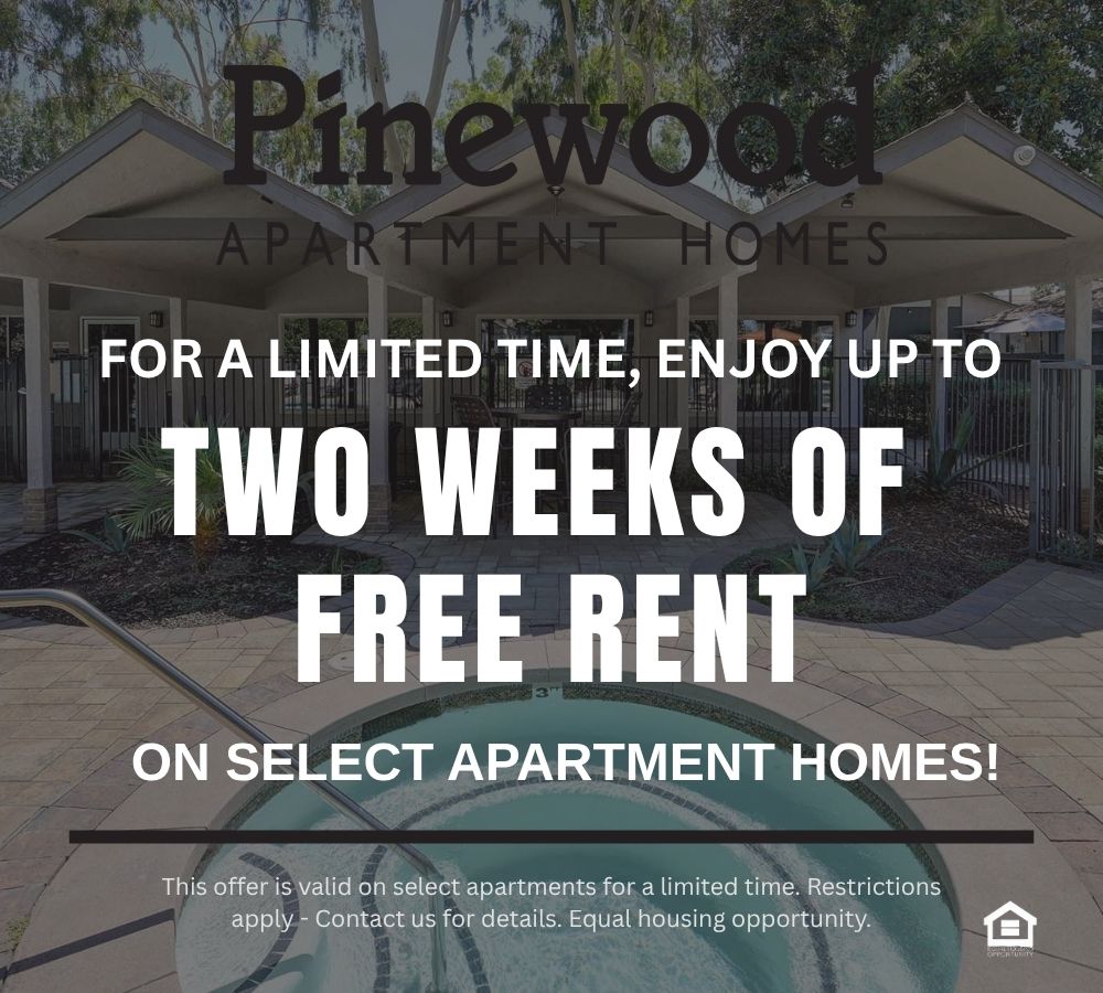Marketing promotional graphic background of community's jacuzzi and lounge area text reads for a limited time enjoy up to 2 weeks of free rent on select apartment homes This offer is valid on select apartments for a limited time Restrictions apply Contact us for details Equal housing opportunity