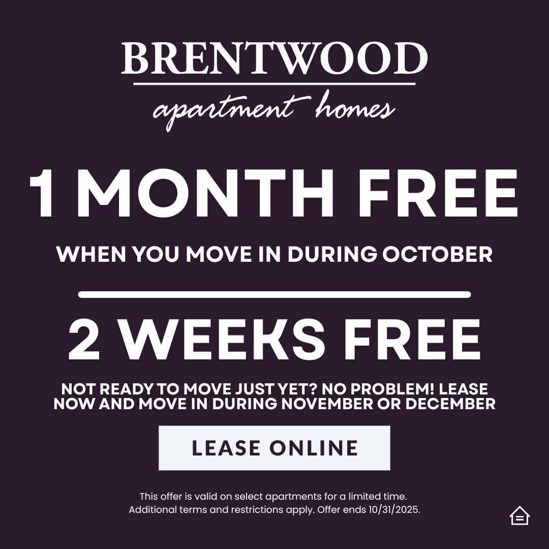 Graphic designed image with community logo and promotional text in white against a blue/green background. Text reads: 1 month free when you move in during October. 2-weeks free not ready to move just yet? No problem! Lease now and move in during November or December. Lease online. This offer is valid on select apartments for a limited time additional terms and restrictions apply. Offer ends 10/31/2025.