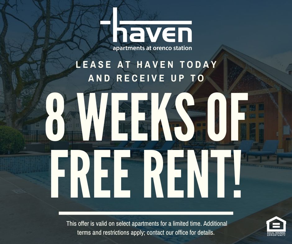 Haven Apartments at Orenco Station. Lease at Haven today and receive up to 8 WEEKS OF FREE RENT!  This offer is valid on select apartments for a limited time. Additional terms and restrictions apply; contact our office for details. Equal Housing Opportunity.