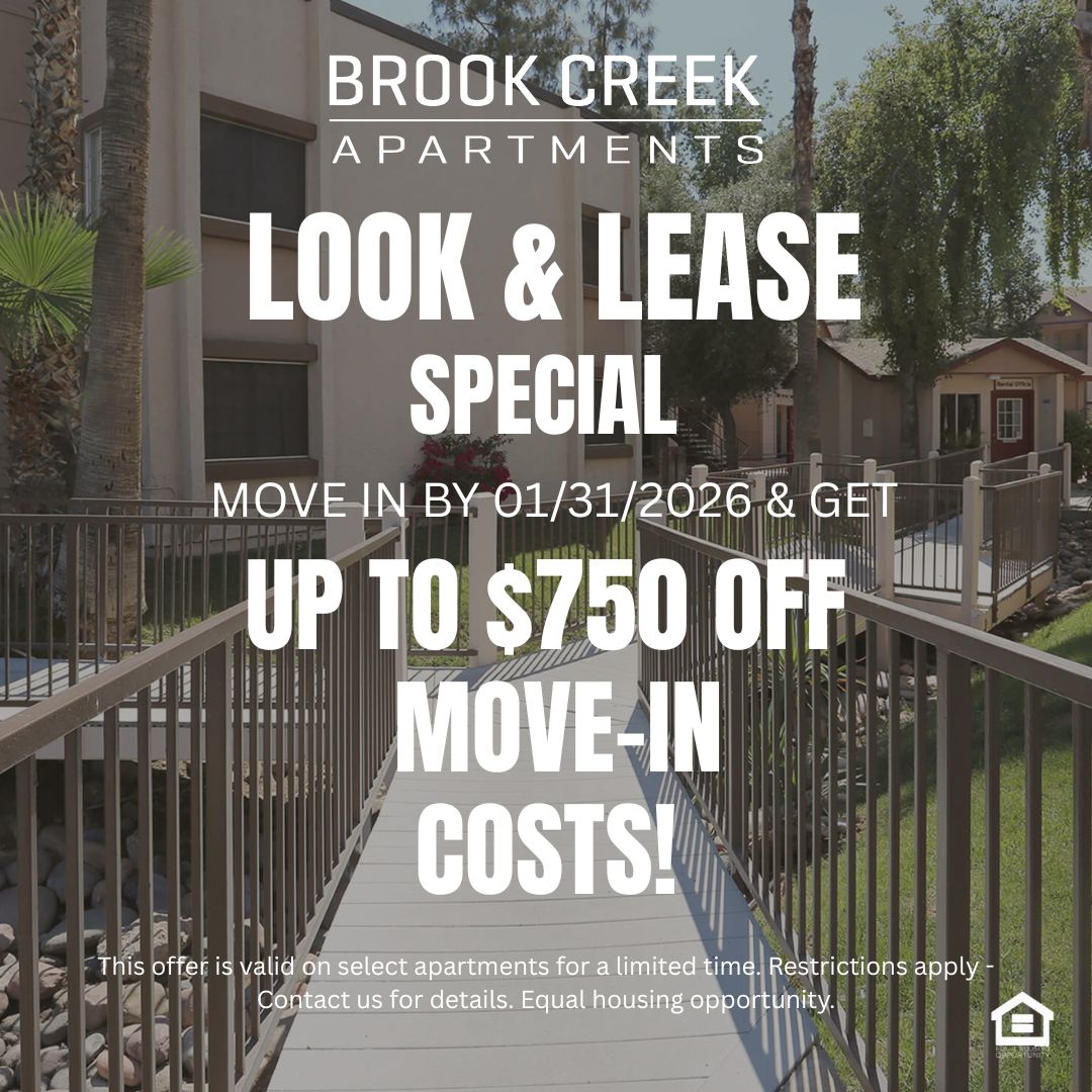 walk way with a small bridge and an apartment building behind text reads look and lease special move in by January 31st 2026 and get up to $750 off move in costs This offer is valid on select apartments for a limited time. Restrictions apply - Contact us for details. Equal housing opportunity
