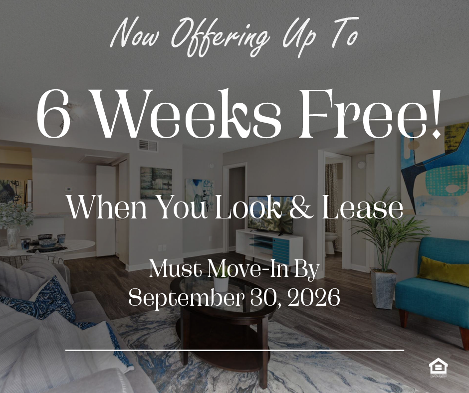 A modern living room with a gray sofa adorned with blue cushions. There’s a round coffee table in front, and a flat-screen TV on a white console. The text on the image says, "Now offering up to 6 weeks free! When you look & lease. Must move-in by September 30, 2026."