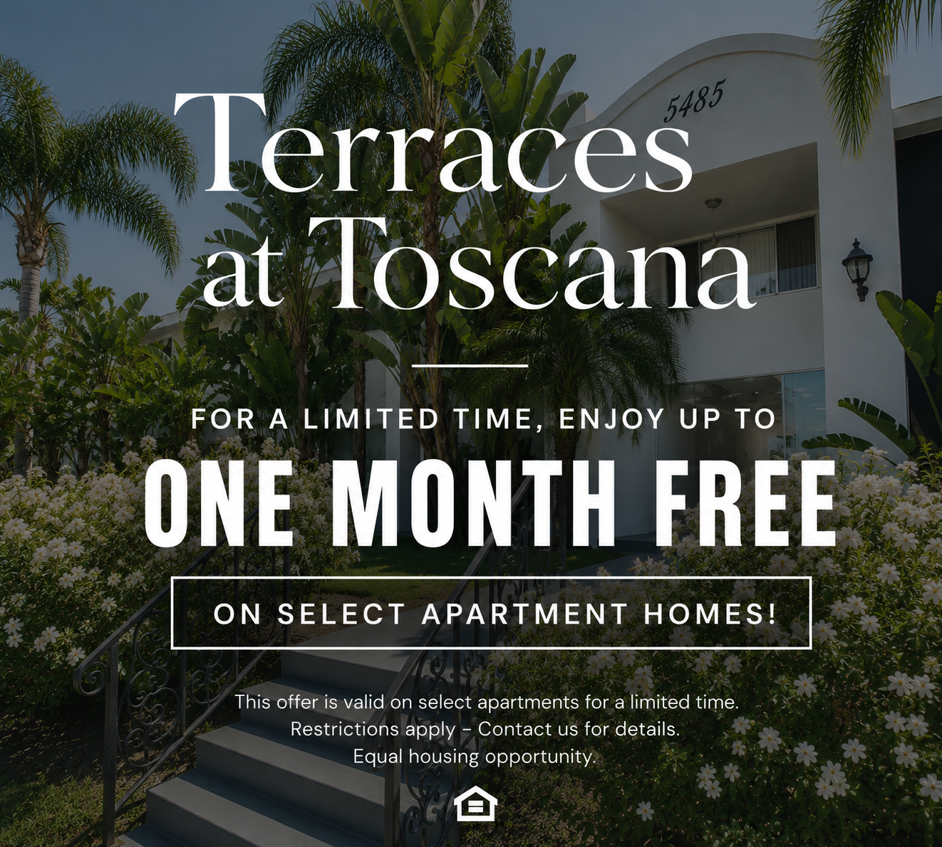 Marketing promotional graphic background is of the exterior of the community with the community sign and grass around text reads for a limited time, enjoy up to one month free on select apartment homes This offer is valid on select apartments for a limited time. Restrictions apply - Contact us for details. Equal housing opportunity.
