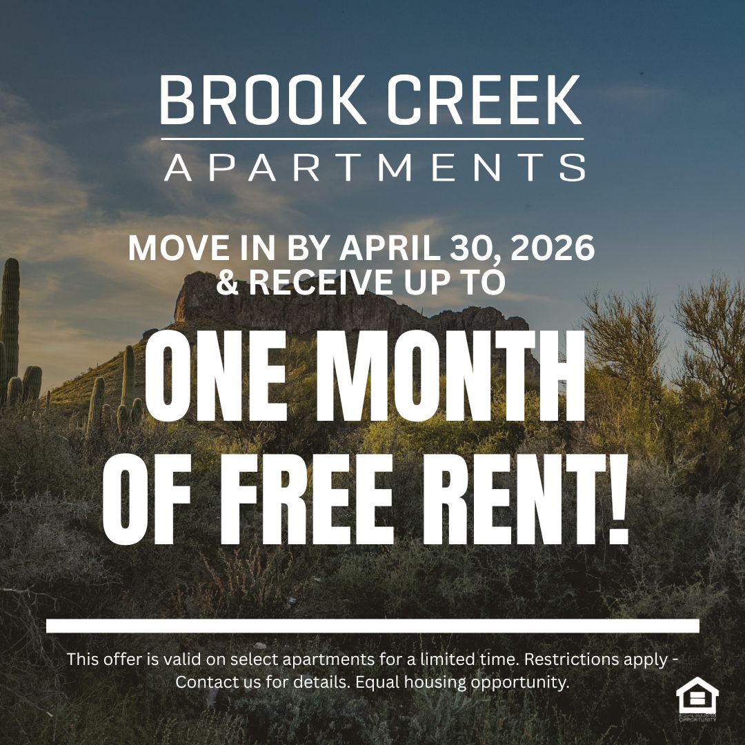 Promotional graphic background of Arizona desert text reads move in by April 30 2026 and receive up to one month of free rent This offer is valid on select apartments for a limited time Restrictions apply Contact us for details Equal housing opportunity