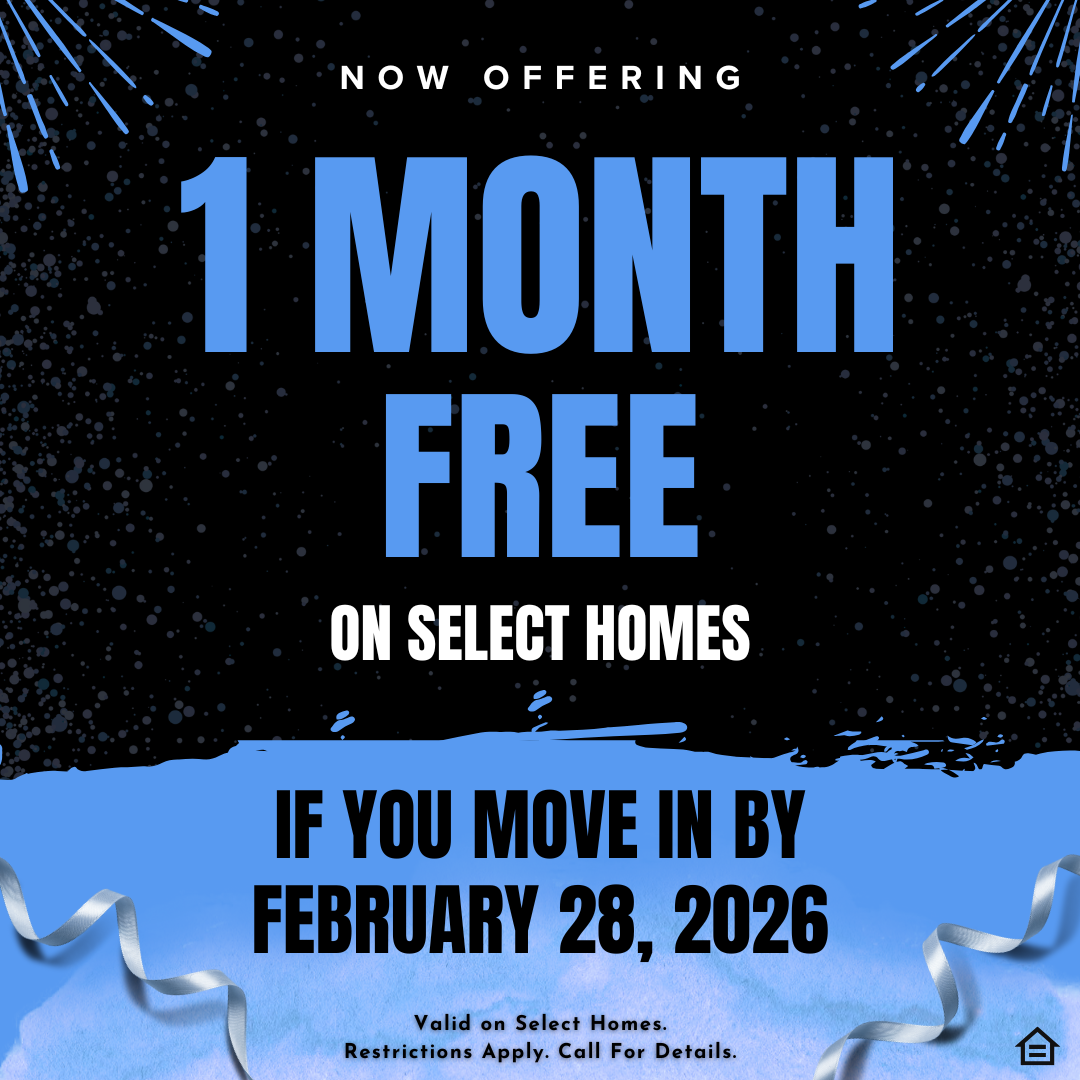 Promotional graphic with a blue and black background featuring celebratory fireworks and ribbons. The main text in large blue letters reads "1 MONTH FREE" with "ON SELECT HOMES" below it. Further down, it specifies "IF YOU MOVE IN BY FEBRUARY 28, 2026". Smaller text at the bottom states "Valid on Select Homes. Restrictions Apply. Call For Details." and an Equal Housing Opportunity logo is in the bottom right corner.