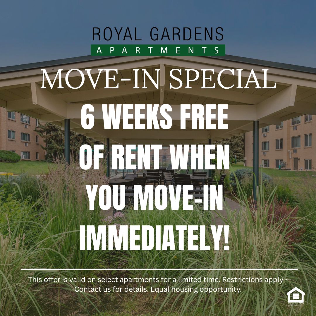 A well-structured pavilion with a peaked roof is surrounded by lush greenery and colorful plants Inside, there are several black picnic tables arranged for gatherings In the background a brick building and a clear sky can be seen, creating a serene outdoor space text reads move in special 6 weeks free of rent when you move in immediately This offer is valid on select apartments for a limited time. Restrictions apply Contact us for details Equal housing opportunity