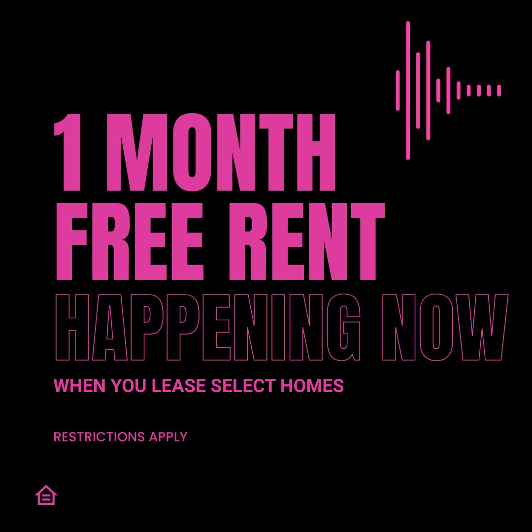 Graphic design pop-up image in black with pink writing that states the following: 1 month free rent happening now when you lease select homes restrictions apply in the top right corner there is a pink sound wave on the bottom left corner there is a pink fair housing symbol