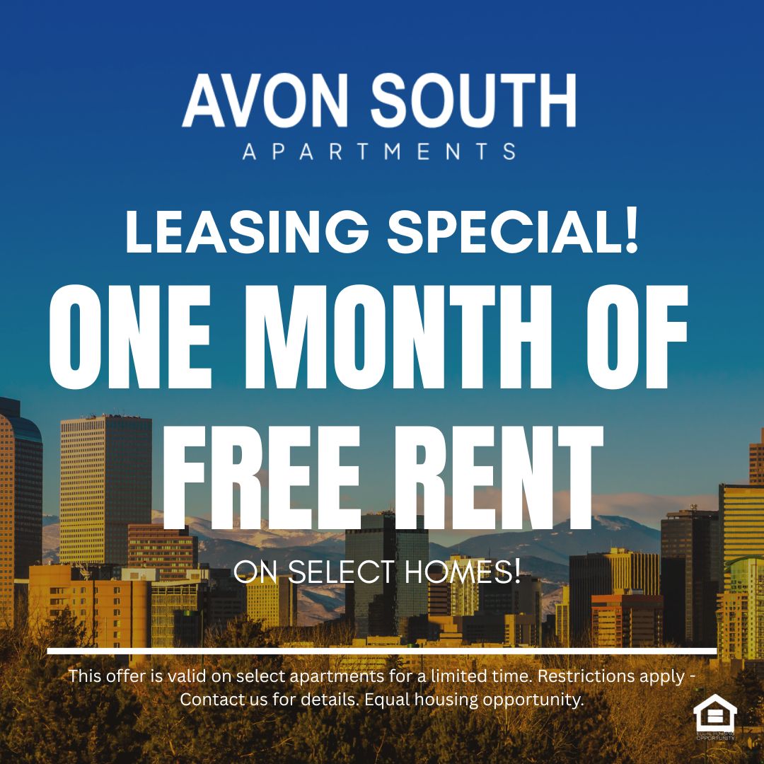 Panoramic photo of downtown Denver Colorado at sunset with buildings and mountains in the background text reads leasing special one month of free rent on select homes This offer is valid on select apartments for a limited time Restrictions apply Contact us for details. Equal housing opportunity