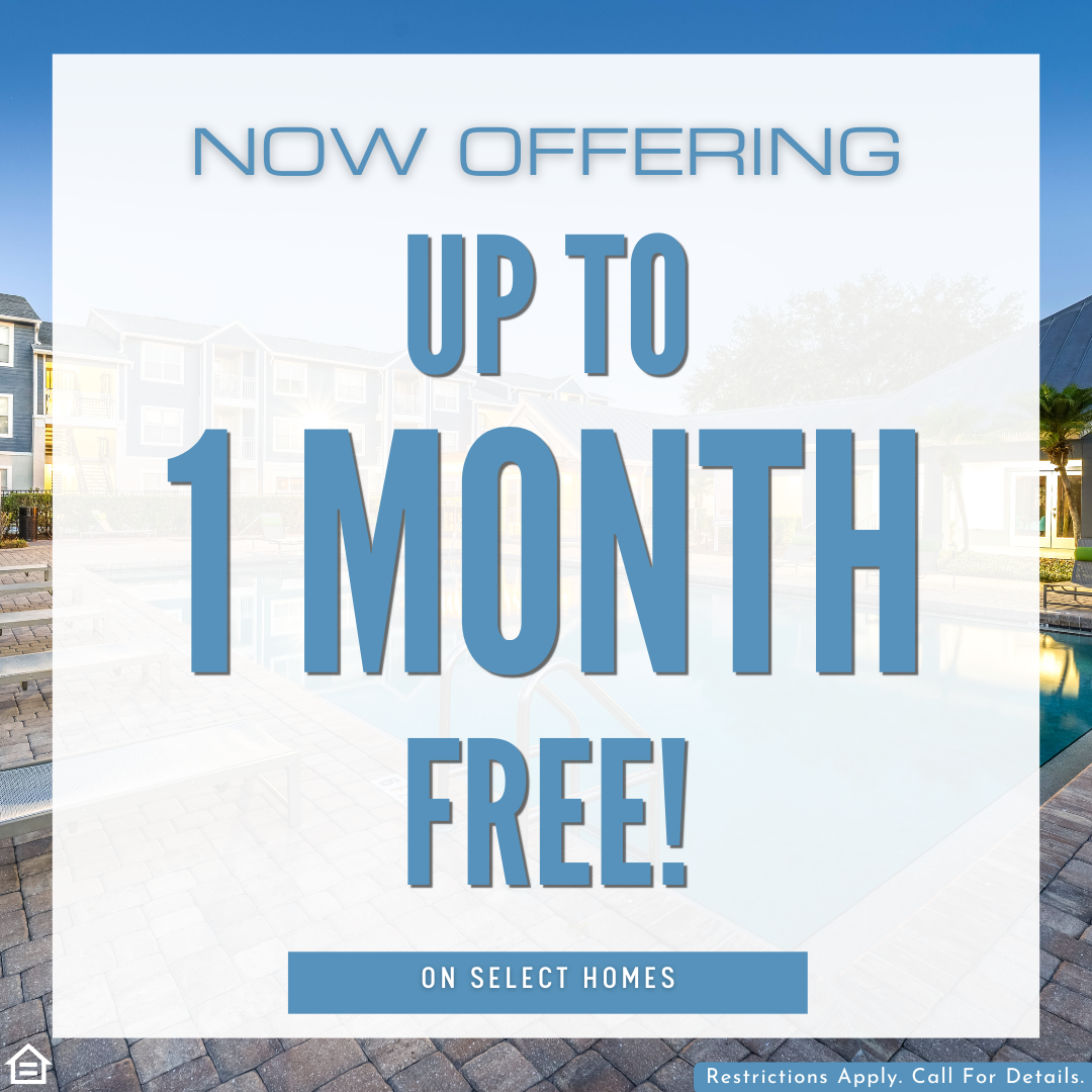 Promotional graphic featuring a sunny apartment swimming pool background. Large text overlays the image reading: 'NOW OFFERING UP TO 1 MONTH FREE!' followed by a blue banner stating 'ON SELECT HOMES.' The Equal Housing Opportunity logo is visible in the bottom corner.