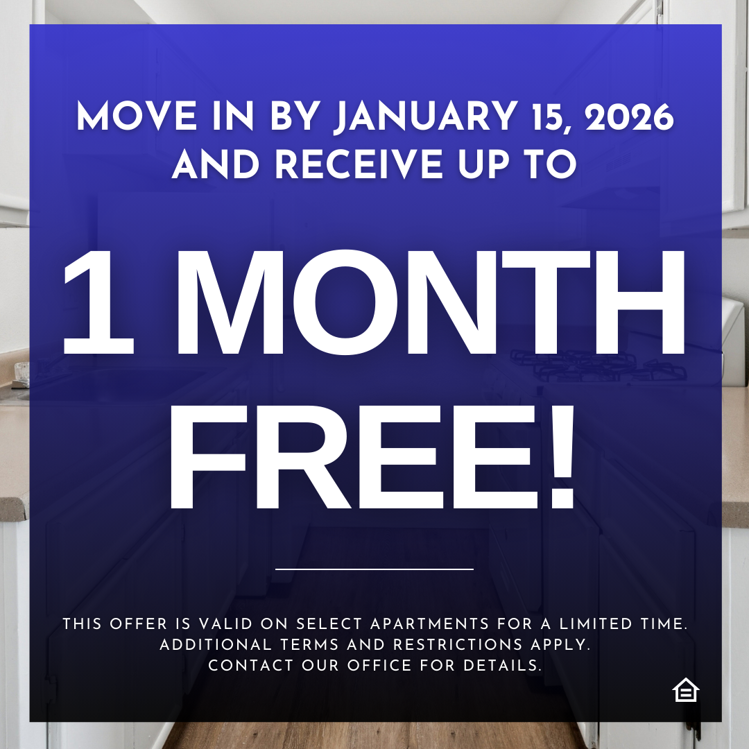 Promotional apartment special graphic with a blue overlay on a kitchen background. Large white text reads: “Move in by January 15, 2026 and receive up to 1 Month Free!” Smaller text at the bottom states: “This offer is valid on select apartments for a limited time. Additional terms and restrictions apply. Contact our office for details.” A small equal housing opportunity icon appears in the lower right corner.