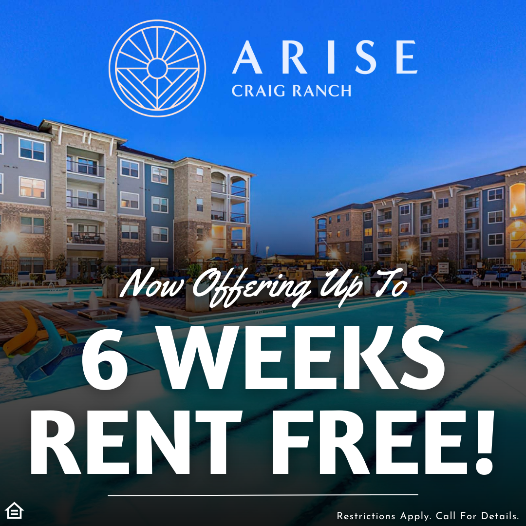 Promotional image for Arise Craig Ranch featuring a twilight view of the apartment complex pool area and buildings. Large, bold text overlays the image reading: 'Now Offering Up To 6 WEEKS RENT FREE!' with a disclaimer at the bottom stating 'Restrictions Apply. Call For Details.