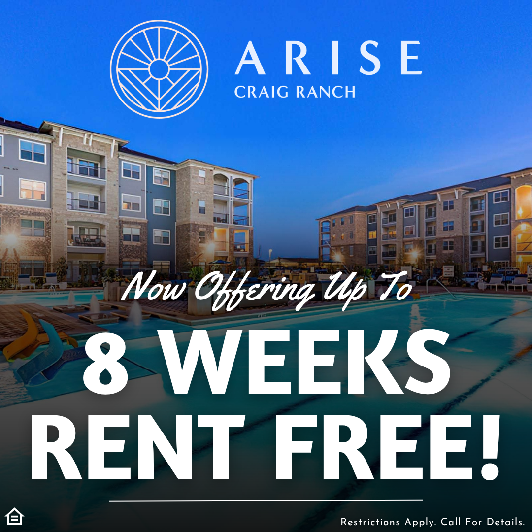 Promotional image for Arise Craig Ranch featuring a twilight view of the apartment complex pool area and buildings. Large, bold text overlays the image reading: 'Now Offering Up To 8 WEEKS RENT FREE!' with a disclaimer at the bottom stating 'Restrictions Apply. Call For Details.