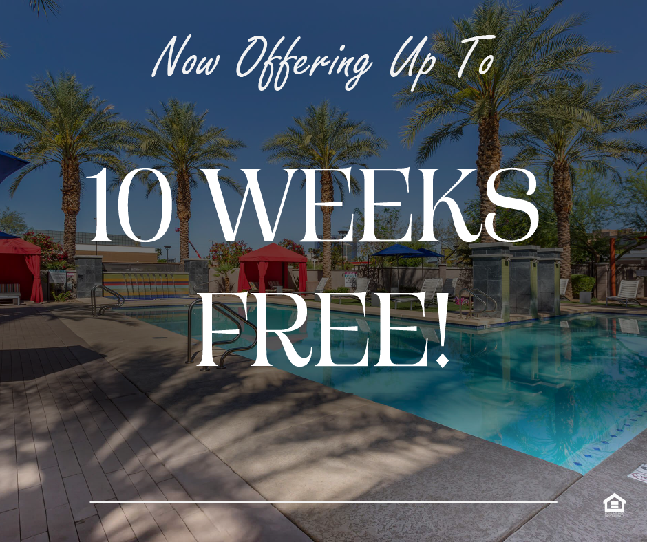 A tranquil outdoor pool area surrounded by tall palm trees, featuring colorful cabanas in red and blue. The text on the image says, "Now offering up to 10 weeks free!"