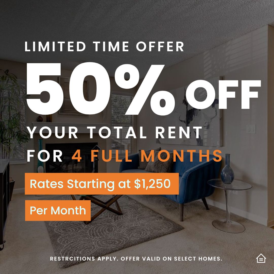 Promotional graphic showing a living room with modern furniture, neutral tones, and natural light. Text overlay reads: “Limited Time Offer, 50% Off Your Total Rent for 4 Full Months. Rates starting at $1,250 per month.” Smaller text at the bottom states, “Restrictions apply. Offer valid on select homes.” The Equal Housing Opportunity logo appears in the lower right corner.