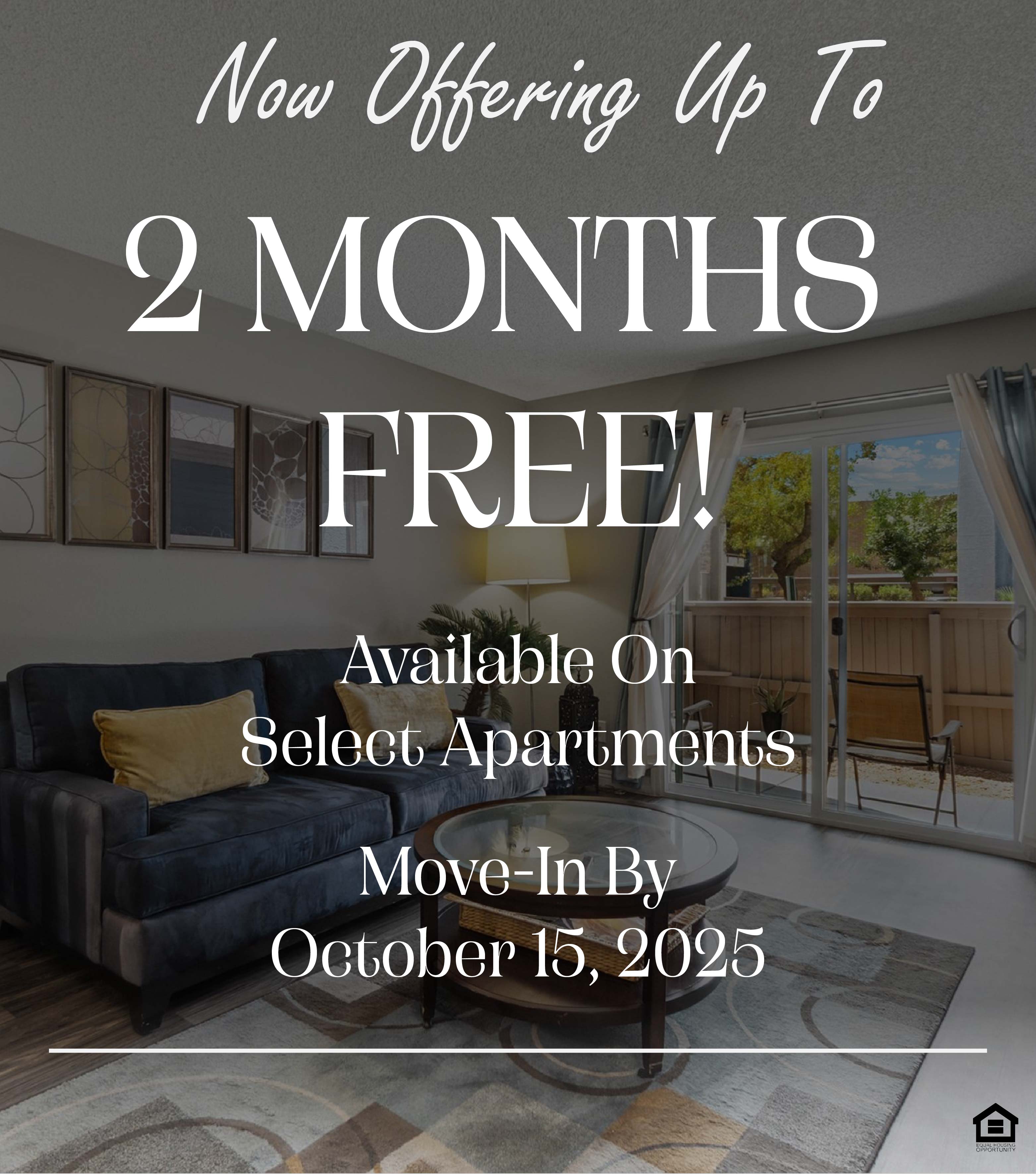 A cozy living room featuring a dark sofa with yellow cushions, a glass coffee table on a patterned rug, and a lamp. The text says, "Now Offering Up To 2 MONTHS FREE! Available on Select Apartments Move-In By October 15, 2025."