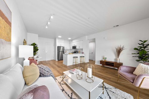 apartment with furnished living room and kitchen in the background