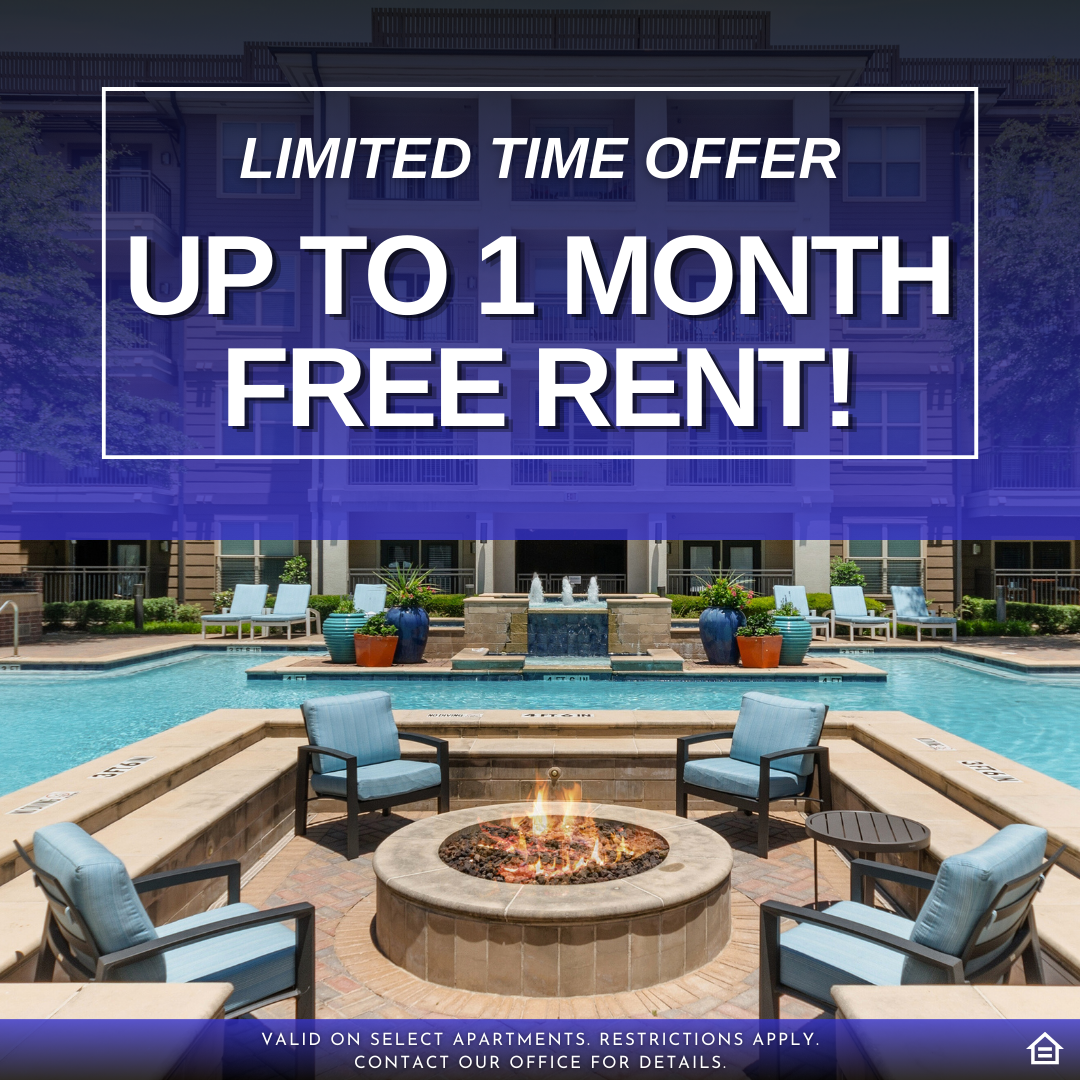 A promotional image featuring text overlays on a background photograph of a high-end apartment courtyard. Centered at the top in a white box is the text "LIMITED TIME OFFER". Below this in a larger purple box is "UP TO 1 MONTH FREE RENT!". The background photograph shows a multi-story apartment building, a large swimming pool, and multiple seating areas. Key details include several blue lounge chairs, a distinct decorative fountain resembling a pineapple, other potted planters, and an unlit fire pit with se