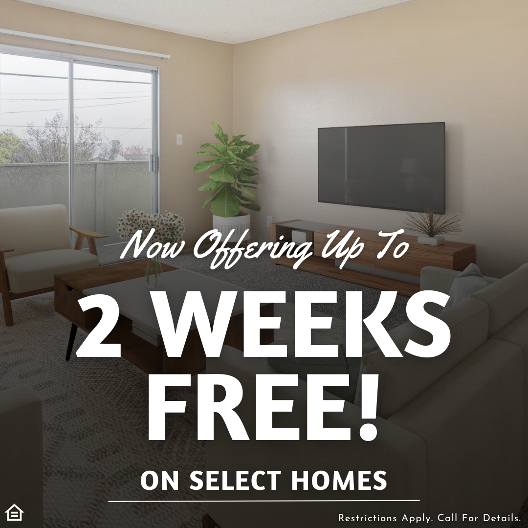 Promotional graphic overlaying a photo of a furnished living room with a beige sofa and wall-mounted TV. Large white text reads: 'Now Offering Up To 2 WEEKS FREE! ON SELECT HOMES'. The bottom corner displays the Equal Housing Opportunity logo.