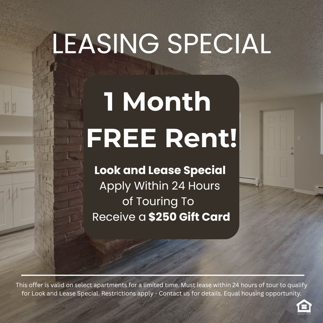 Spacious living area featuring a unique brick fireplace with a wooden bench reading" Leasing Special One month free Look and Lease special apply within 24 hours of touring to receive a $250 gift card This offer is valid on select apartments for a limited time. Must lease within 24 hours of tour to qualify for Look and Lease Special. Restrictions apply - Contact us for details. Equal housing opportunity"