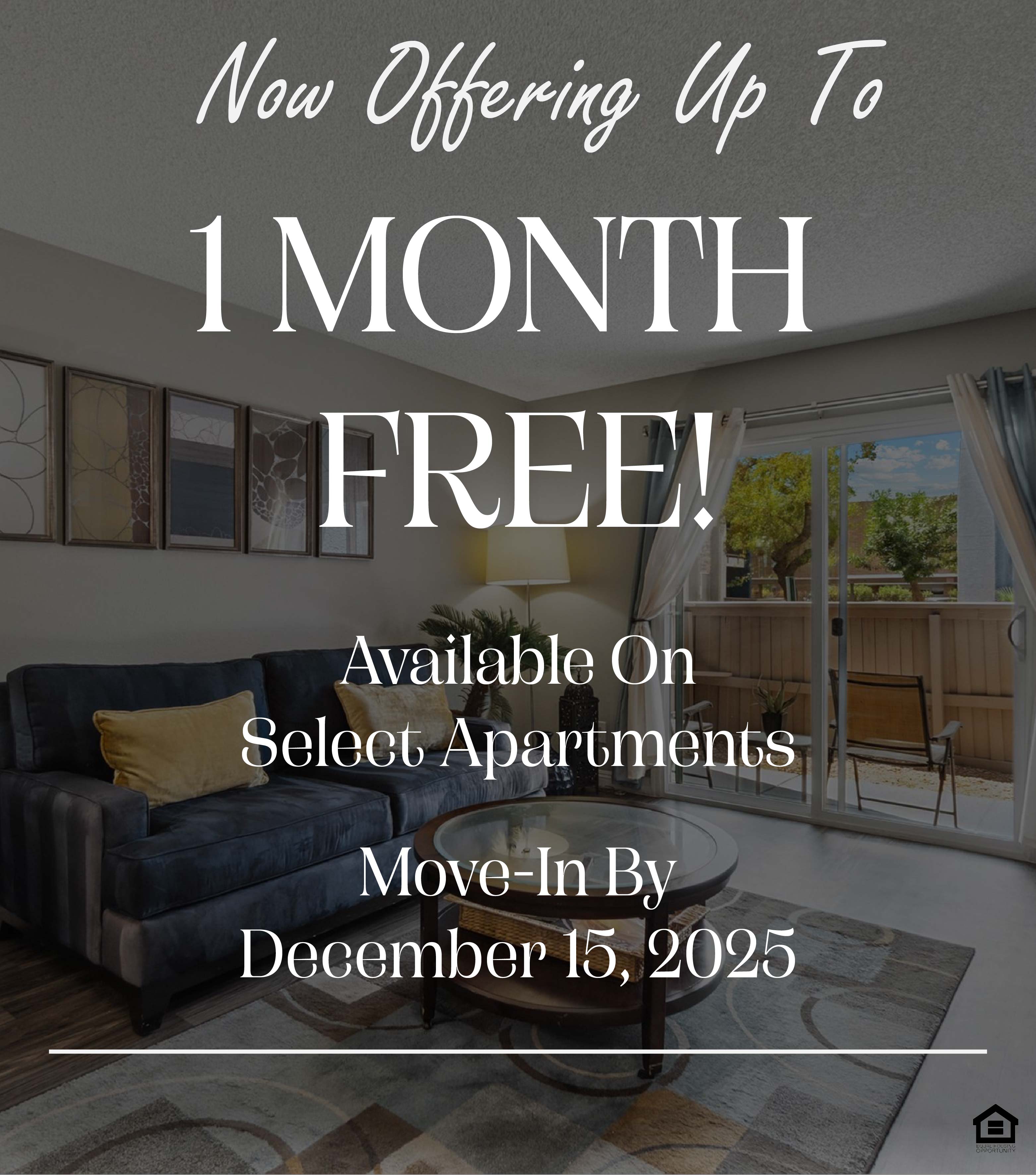 A cozy living room featuring a dark sofa with yellow cushions, a glass coffee table on a patterned rug, and a lamp. The text on the image says, "Now Offering Up To 1 Month Free! Available On Select Apartments. Move-In By December 15, 2025."