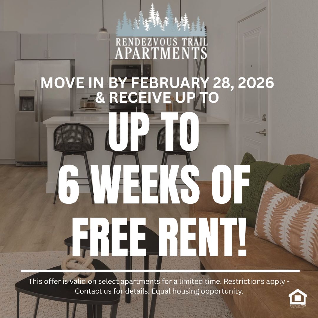 Modern living room and kitchen area featuring a brown sofa with decorative pillows a black coffee table and a plant The kitchen has stainless steel appliances and three bar stools at a counter with light wood flooring throughout text reads move in by february 28th 2026 and receive up to 6 weeks of free rent This offer is valid on select apartments for a limited time Restrictions apply Contact us for details Equal housing opportunity