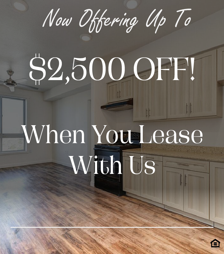 Modern kitchen and living area featuring light wooden cabinetry, a black stove and oven, and a granite countertop. The text on the image says, "Now offering up to $2,500 off! When you lease with Us."