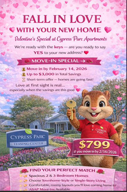 Valentine flyer specifying specials for Cypress Parc