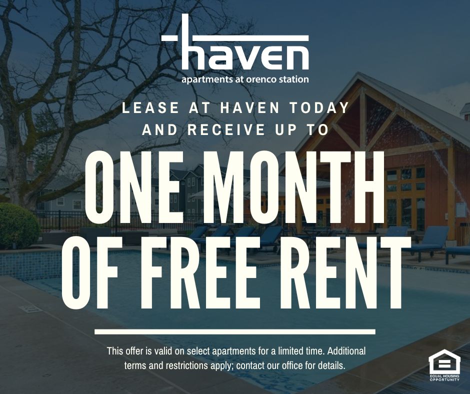 Haven Apartments at Orenco Station. Lease at Haven today and receive up to ONE MONTH OF FREE RENT!  This offer is valid on select apartments for a limited time. Additional terms and restrictions apply; contact our office for details.
