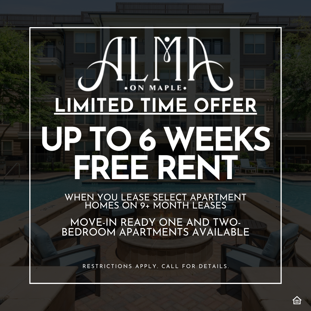 An ad with white text reading "ALMA ON MAPLE. LIMITED TIME OFFER. UP TO 6 WEEKS FREE RENT. WHEN YOU LEASE SELECT APARTMENT HOMES ON 9 PLUS MONTH LEASES. MOVE-IN READY ONE AND TWO-BEDROOM APARTMENTS AVAILABLE. RESTRICTIONS APPLY. CALL FOR DETAILS." surrounded by a white box with a background showing an apartment building exterior, pool, and firepit surrounded by chairs. Fair housing logo at bottom right