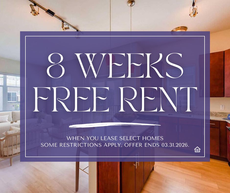 Promotional graphic announcing 8 Weeks Free Rent when you lease select homes at Violet on Broadway. Offer ends March 31, 2026. Some restrictions apply. Equal Housing Opportunity.
