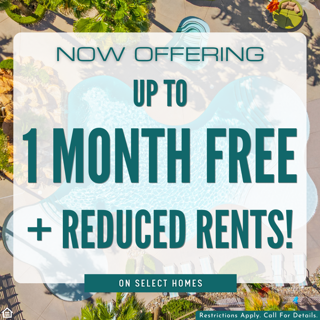 A promotional graphic overlaid on an aerial photo of a resort-style swimming pool and lounge area with palm trees. Large teal text reads "NOW OFFERING UP TO 1 MONTH FREE + REDUCED RENTS!". Below this, a teal banner states "ON SELECT HOMES". Small text in the bottom right corner says "Restrictions Apply. Call For Details.".