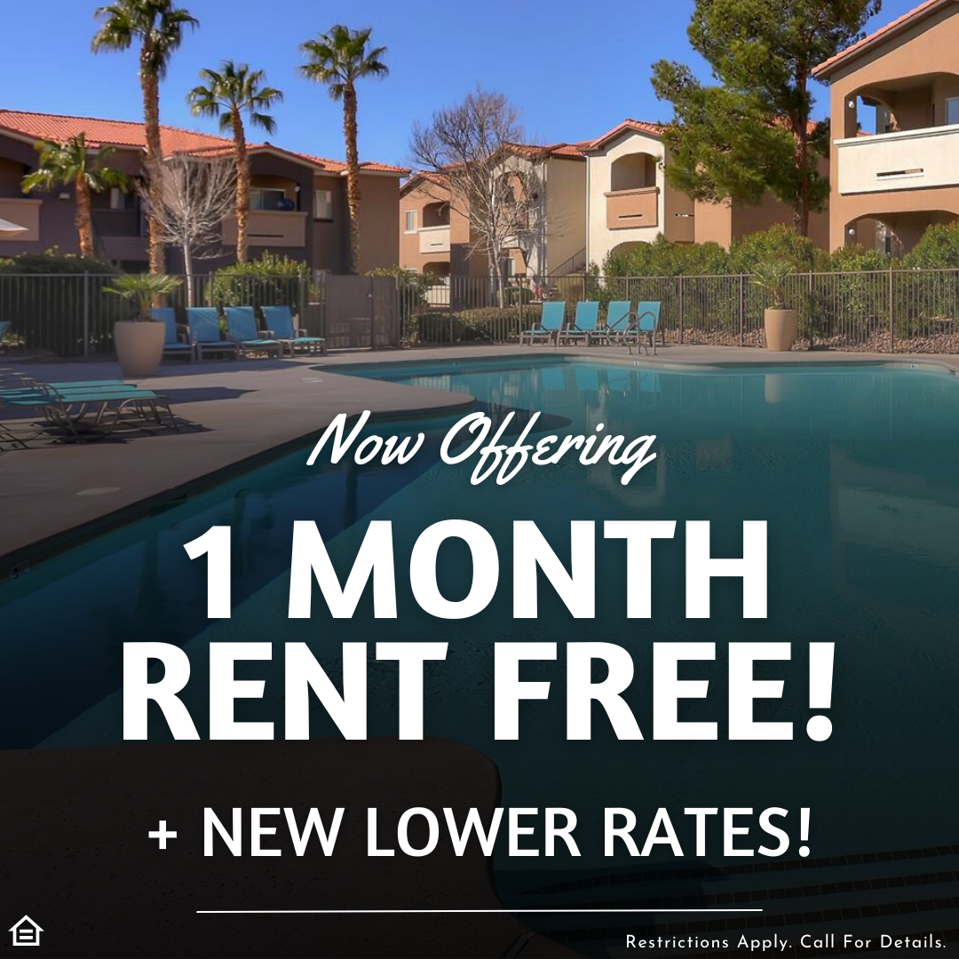 large pool in gated area with lounging chairs surrounded by apartments and trees on a sunny day. overlaying text reading now offering 1 month rent free! restrictions apply. call for details. fair housing logo at the bottom left